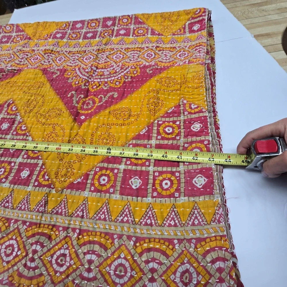 Kantha Throw Blanket Pink Yellow 52x43 Reversible Floral Geometric Boho‎ Cottage
